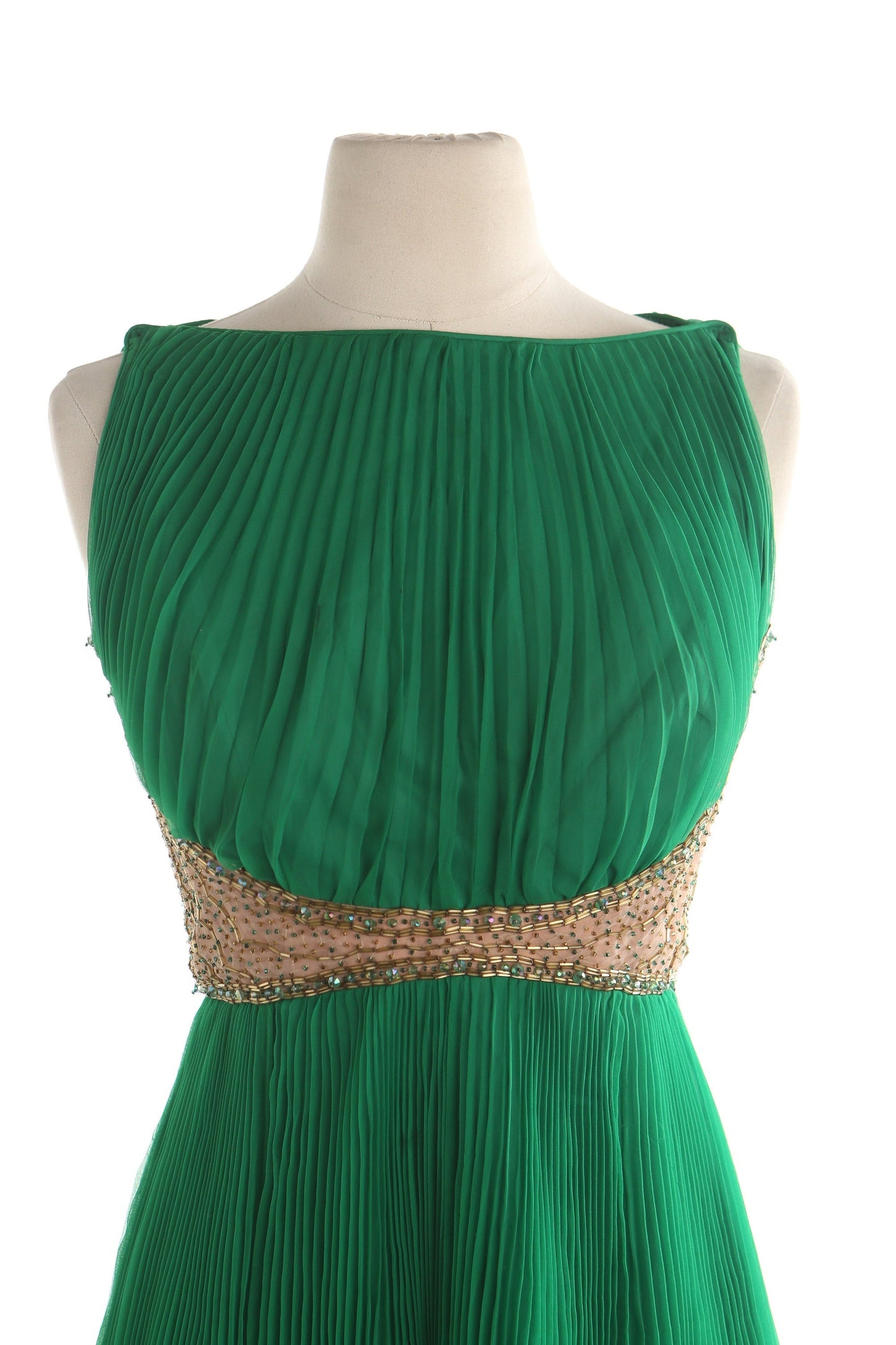Vintage 70's evening dress women formal pleated ruffle beaded green jack bryan dupuis