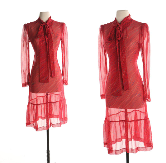 Vintage red striped long sleeve guy laroche made in france designer women sheer