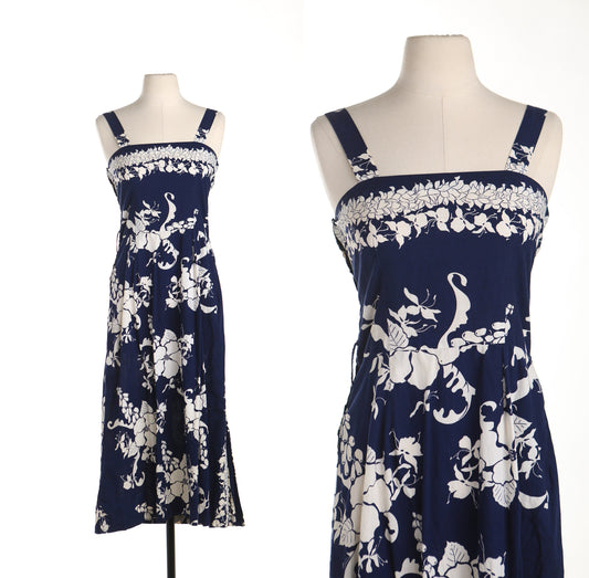 Vintage hawaiian dress floral print blue white strap 40's 50's