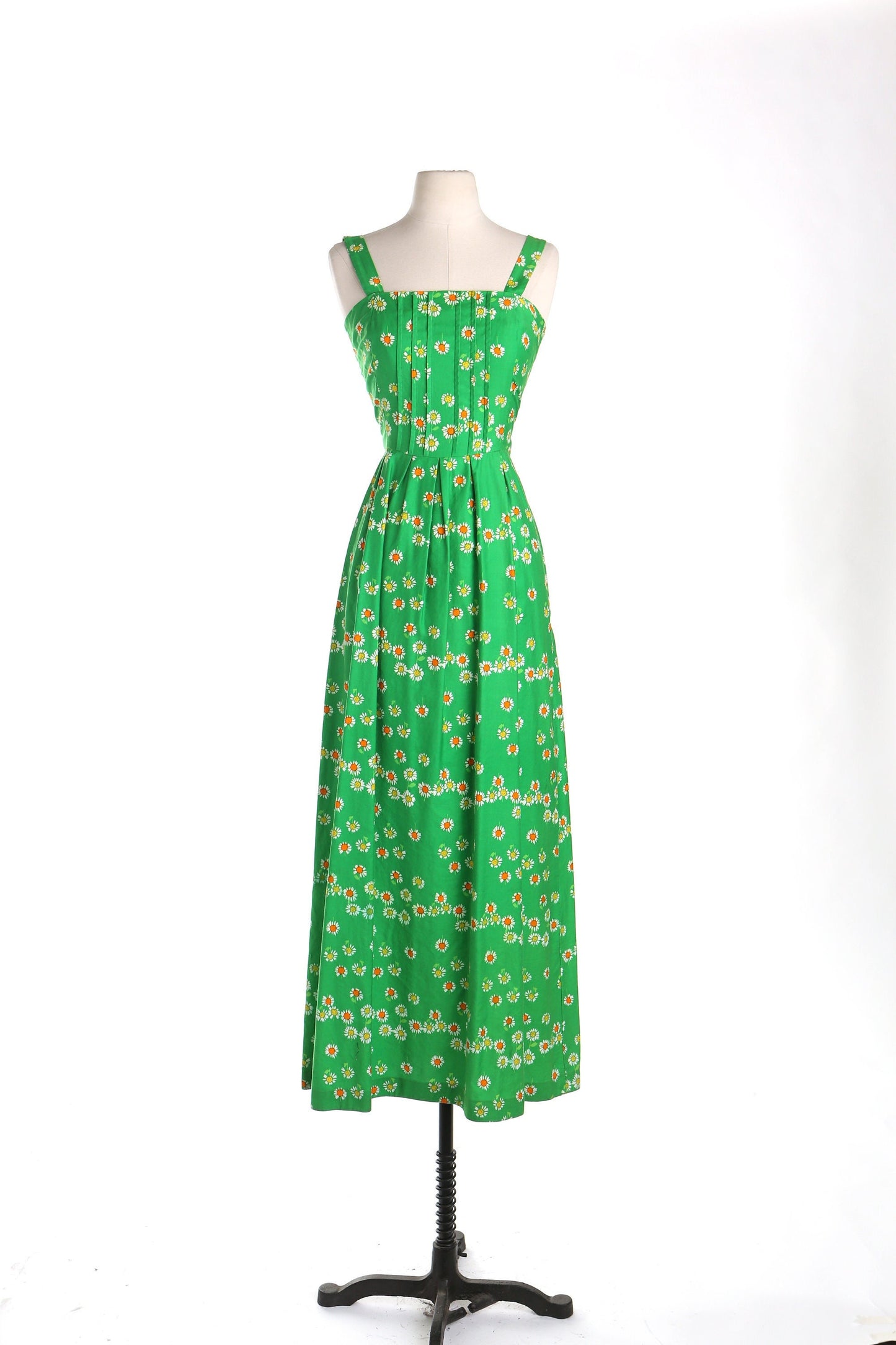 Vintage women green floral 70's cotton long dress strap