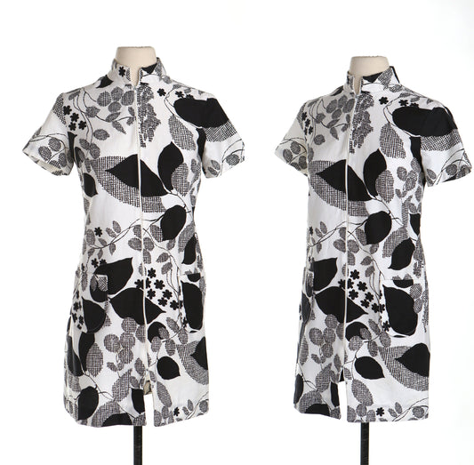 Vintage 70's floral print dress mod casual white black zipper closure disco