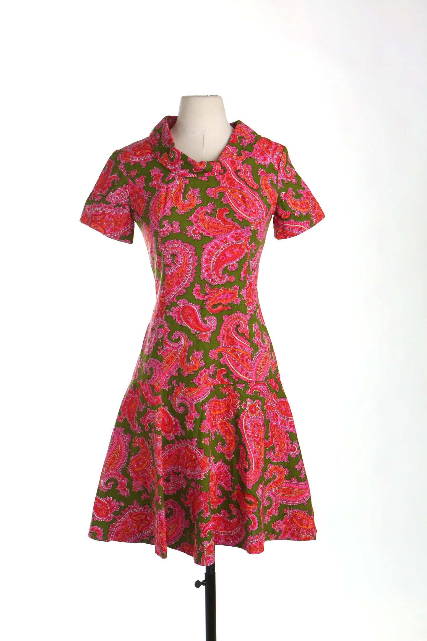 Vintage dress 70's casual hippie floral print green pink women 1970's disco