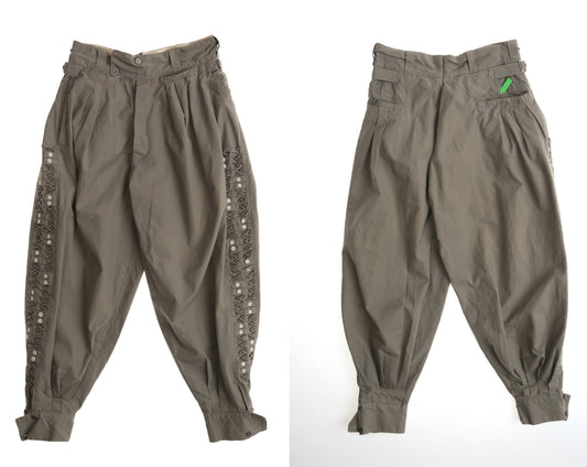 Vintage men green parachute pants 90's button side women 80's german