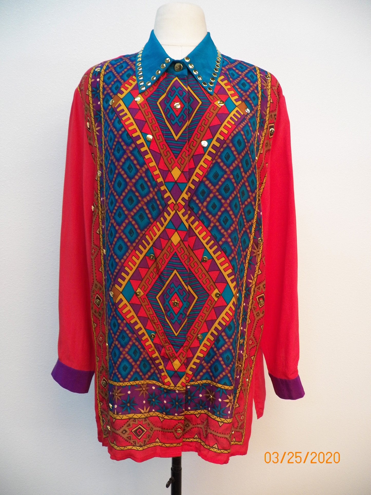 Silk graphic button up top blouse casual 90's women red diane gildman 80's y2k