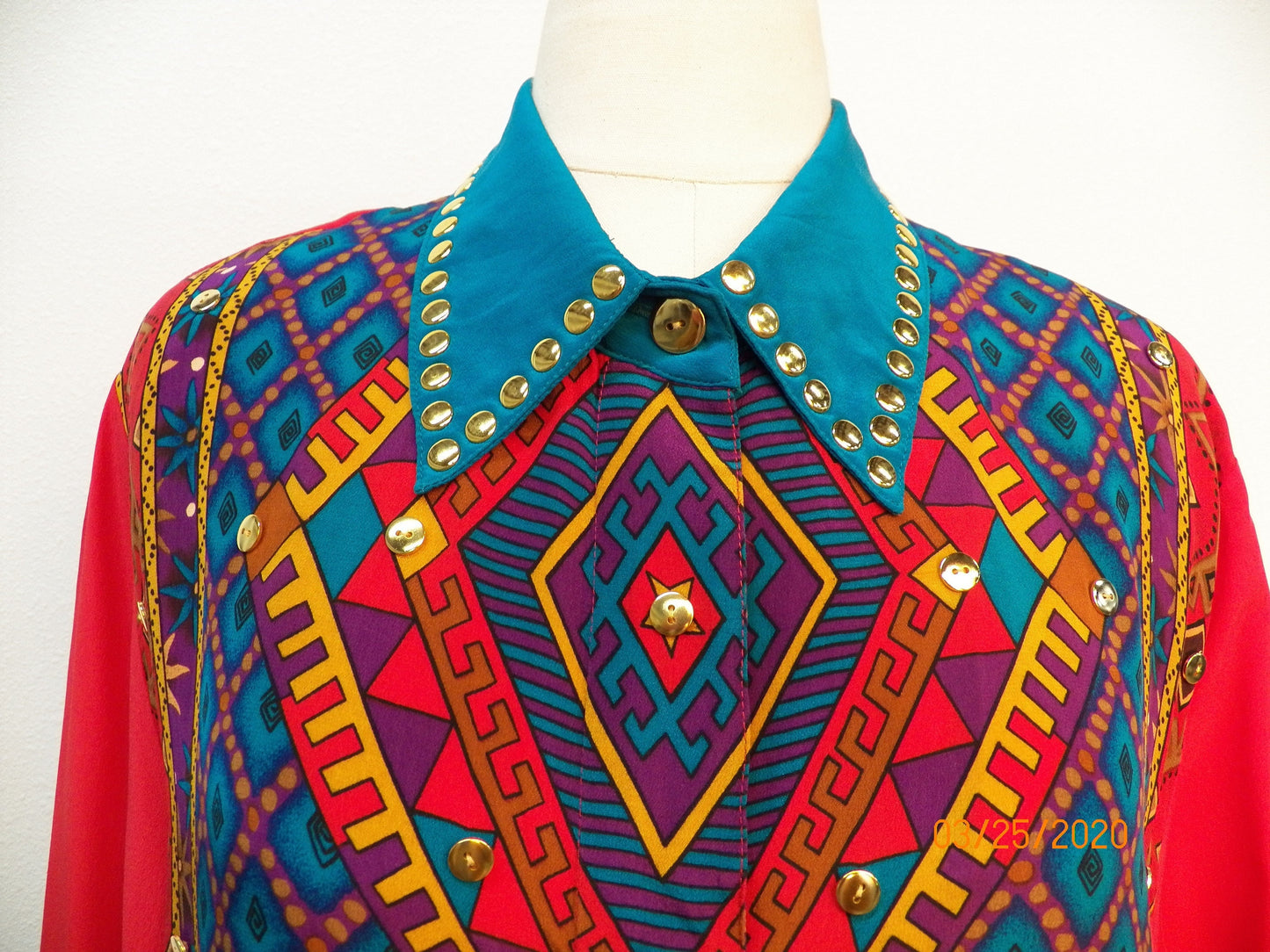 Silk graphic button up top blouse casual 90's women red diane gildman 80's y2k