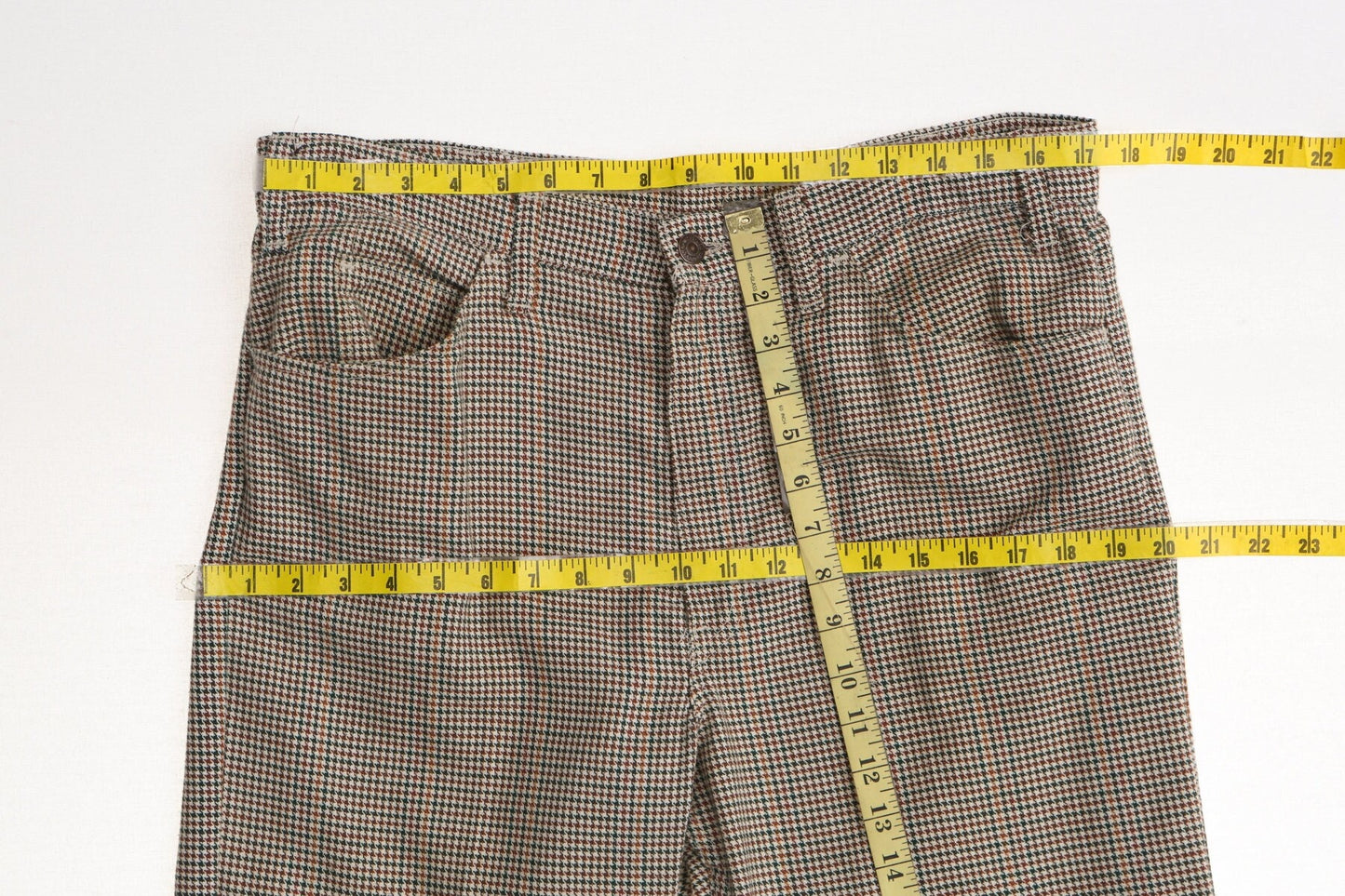 Vintage levi's 70's poly plaid pants men beiege green black tab casual hippie disco