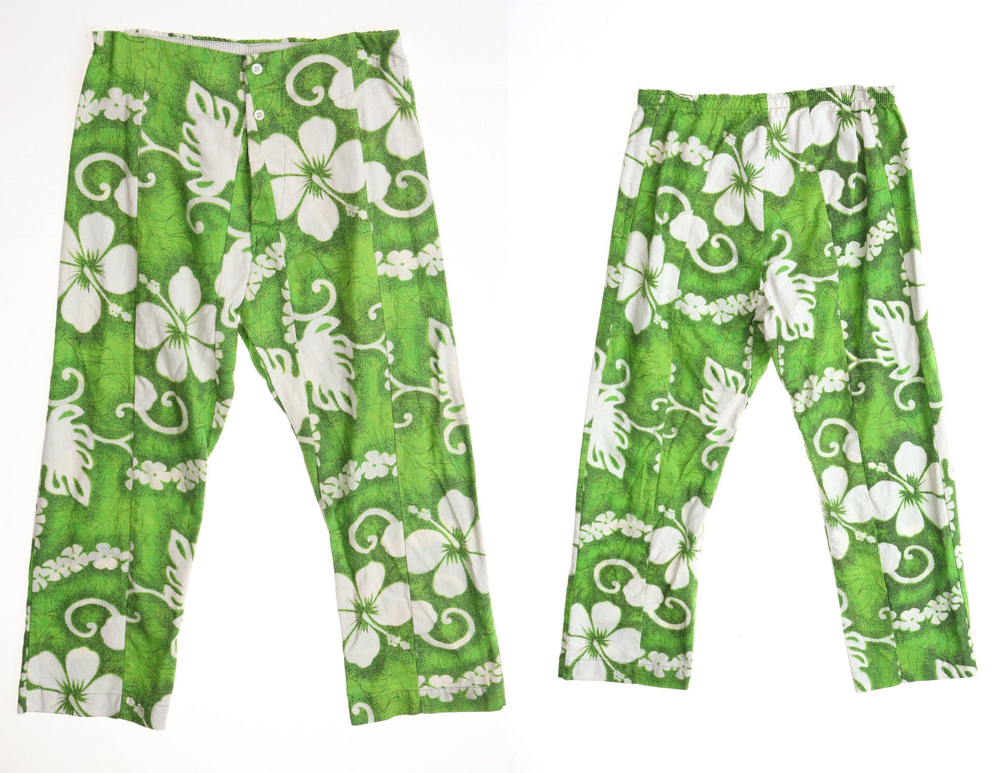 Vintage men cotton green hawaii pants plant white print 70's hawaiian