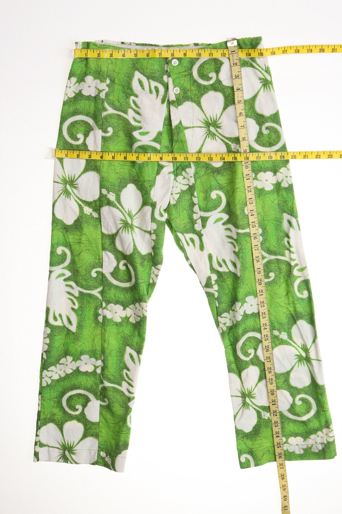 Vintage men cotton green hawaii pants plant white print 70's hawaiian