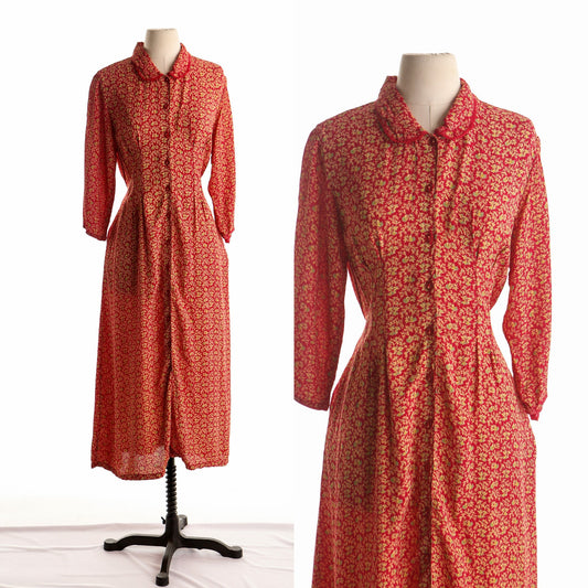 90's rayon red floral vintage women long pockets print belt waist