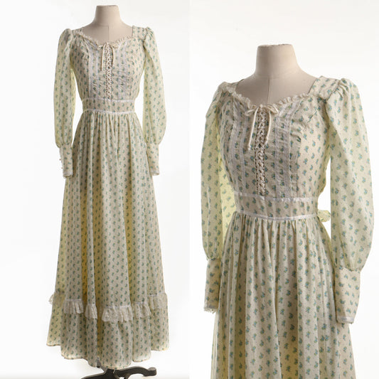 Vintage Women Floral Print Prairie Summer Maxi Dress - Era 70s - 80s