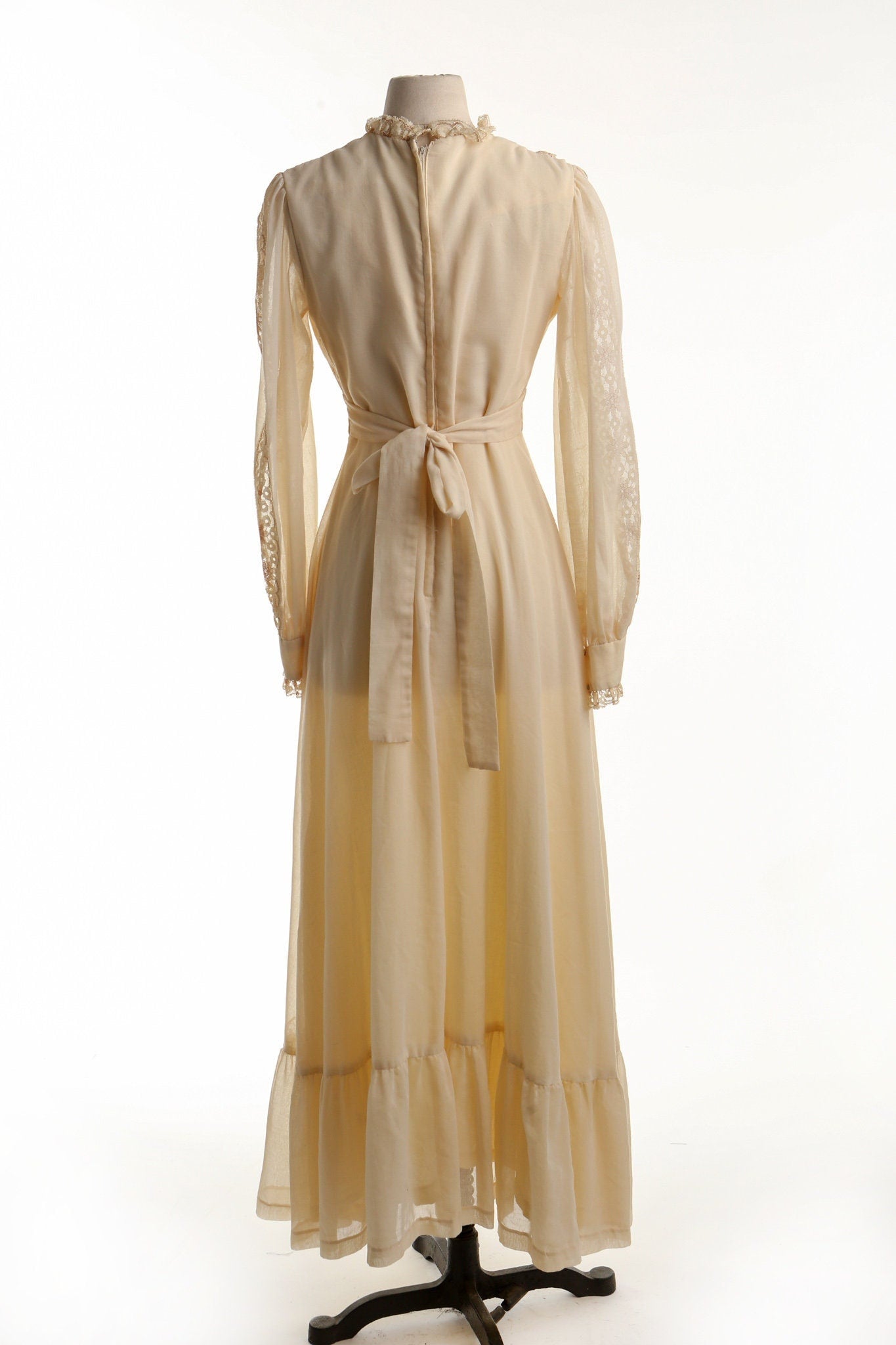 Vintage prairie 70's long beige lace dress western hippie victorian boho