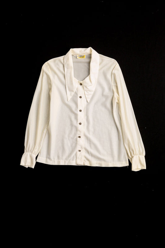 Women 70's white polyester blouse top button butterfly collar disco casual campus casuals