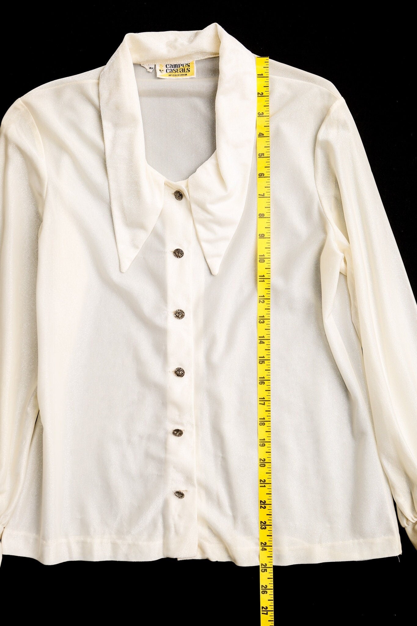 Women 70's white polyester blouse top button butterfly collar disco casual campus casuals