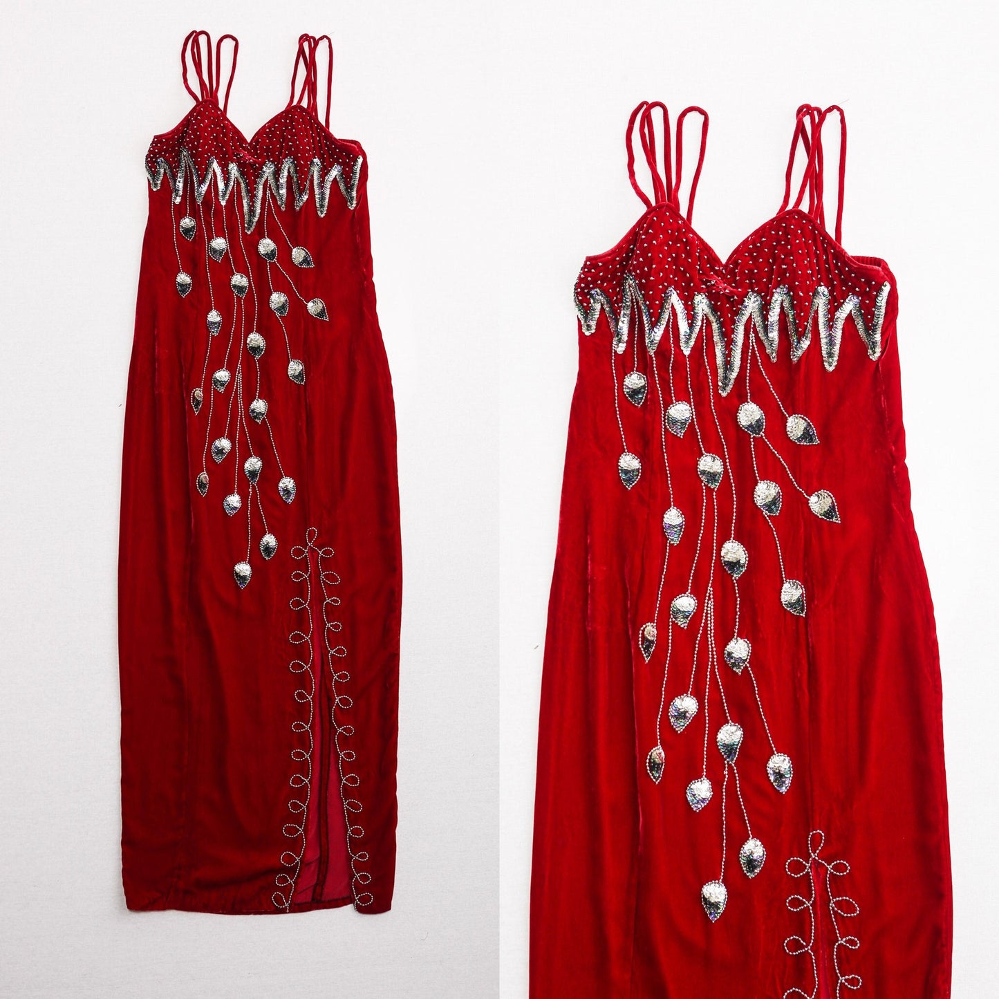 Vintage red velvet dress sequin silver 90's evening strap 80's casual