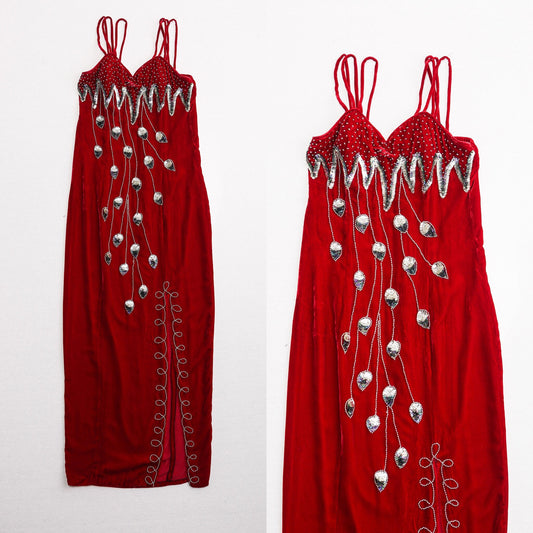 Vintage red velvet dress sequin silver 90's evening strap 80's casual