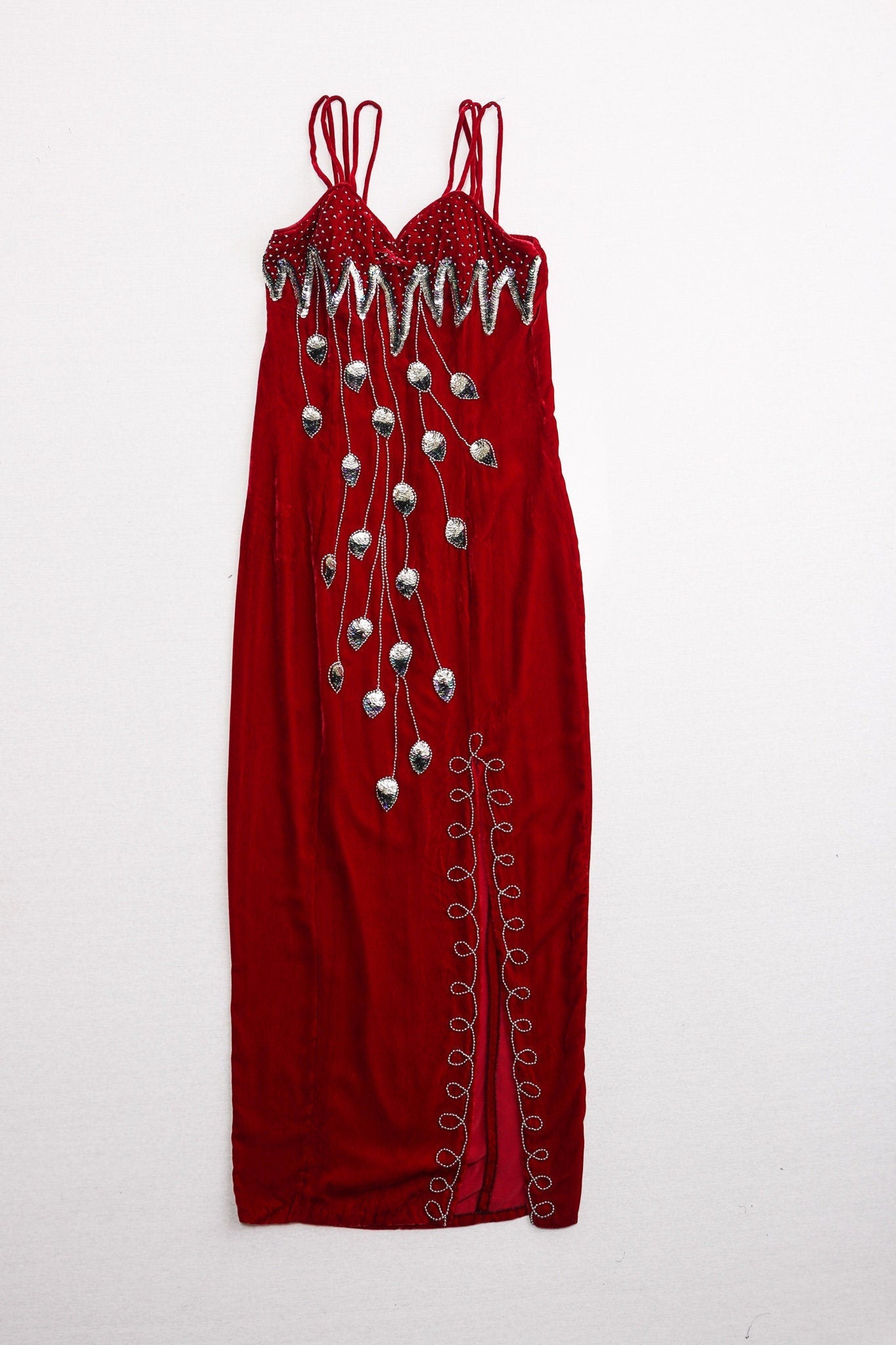 Vintage red velvet dress sequin silver 90's evening strap 80's casual