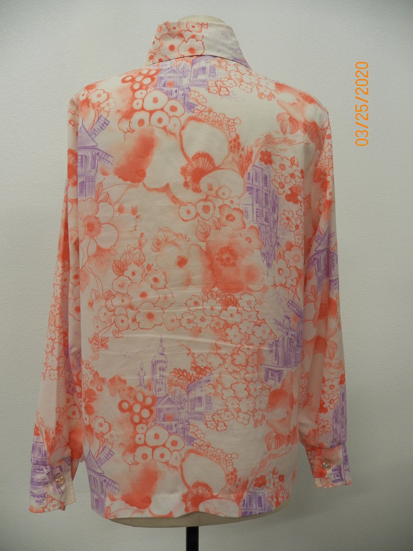 Floral 70's polyester long sleeve top women printed butterfly neck