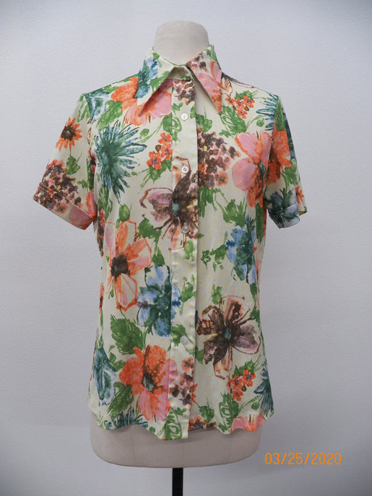 Women floral print 70's polyester top short sleeve