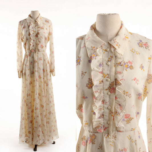 Vintage women 70's cotton dress floral beige fuffles