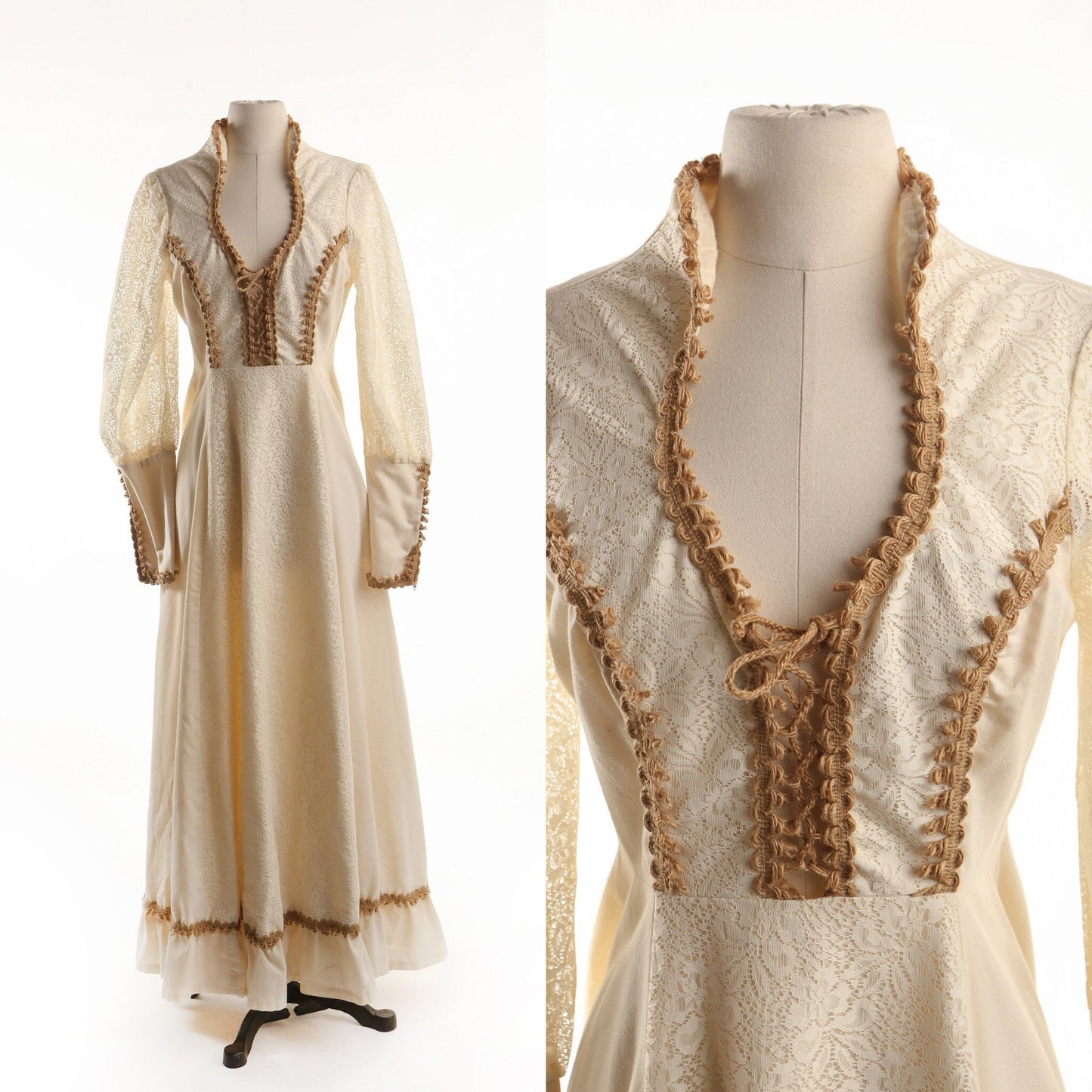 Vintage women boho hippie cotton biege victorian dress lace button gypsy 70's