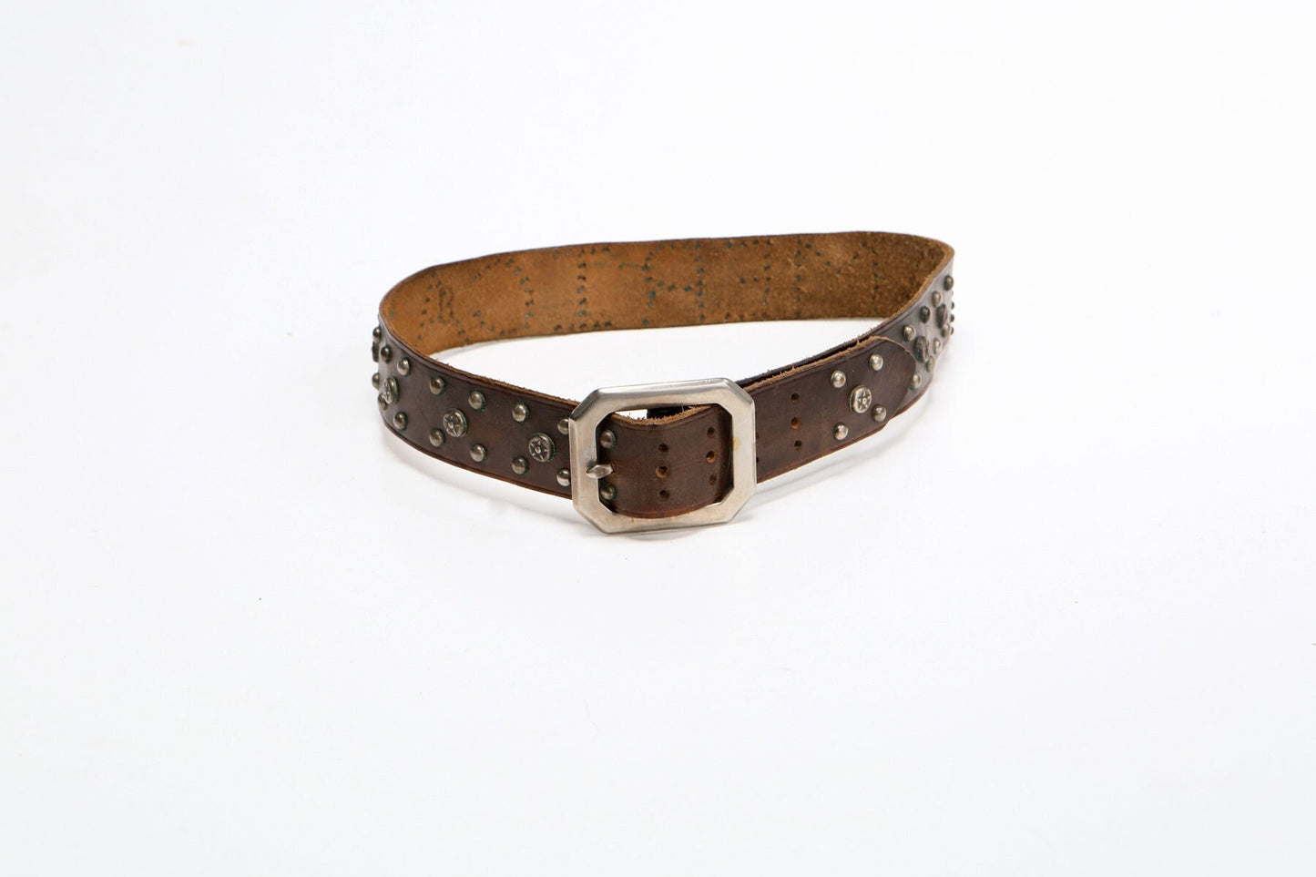 Brown leather collar dog studded steel buckle star stud