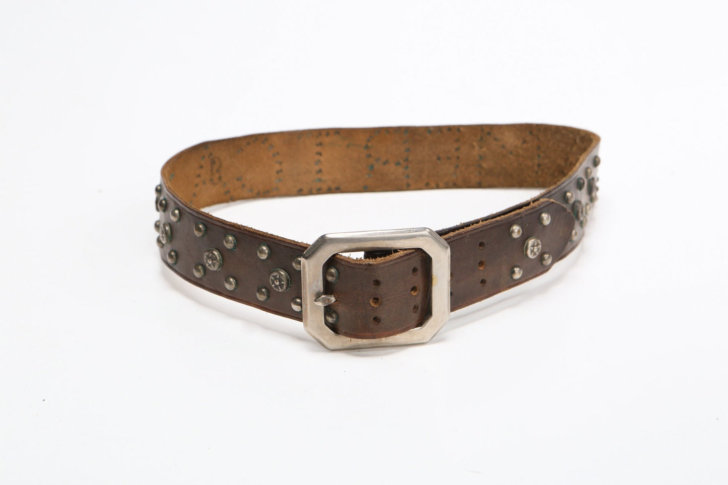 Brown leather collar dog studded steel buckle star stud
