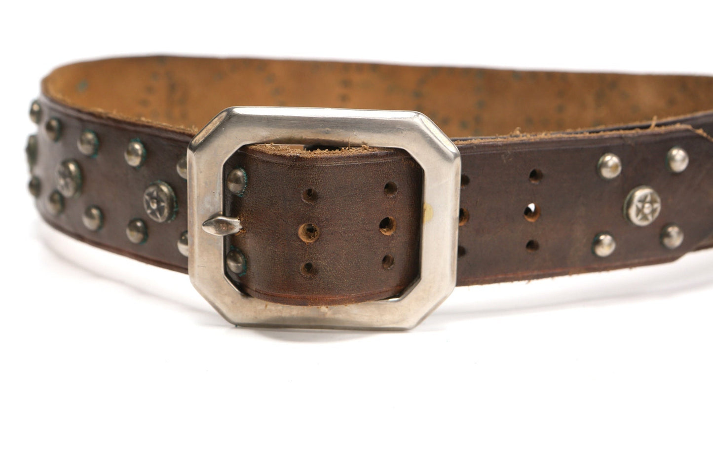 Brown leather collar dog studded steel buckle star stud