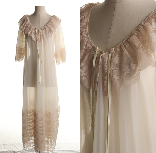 Vintage 70's 60's beige dress slip women lace nightgown babydoll sexy