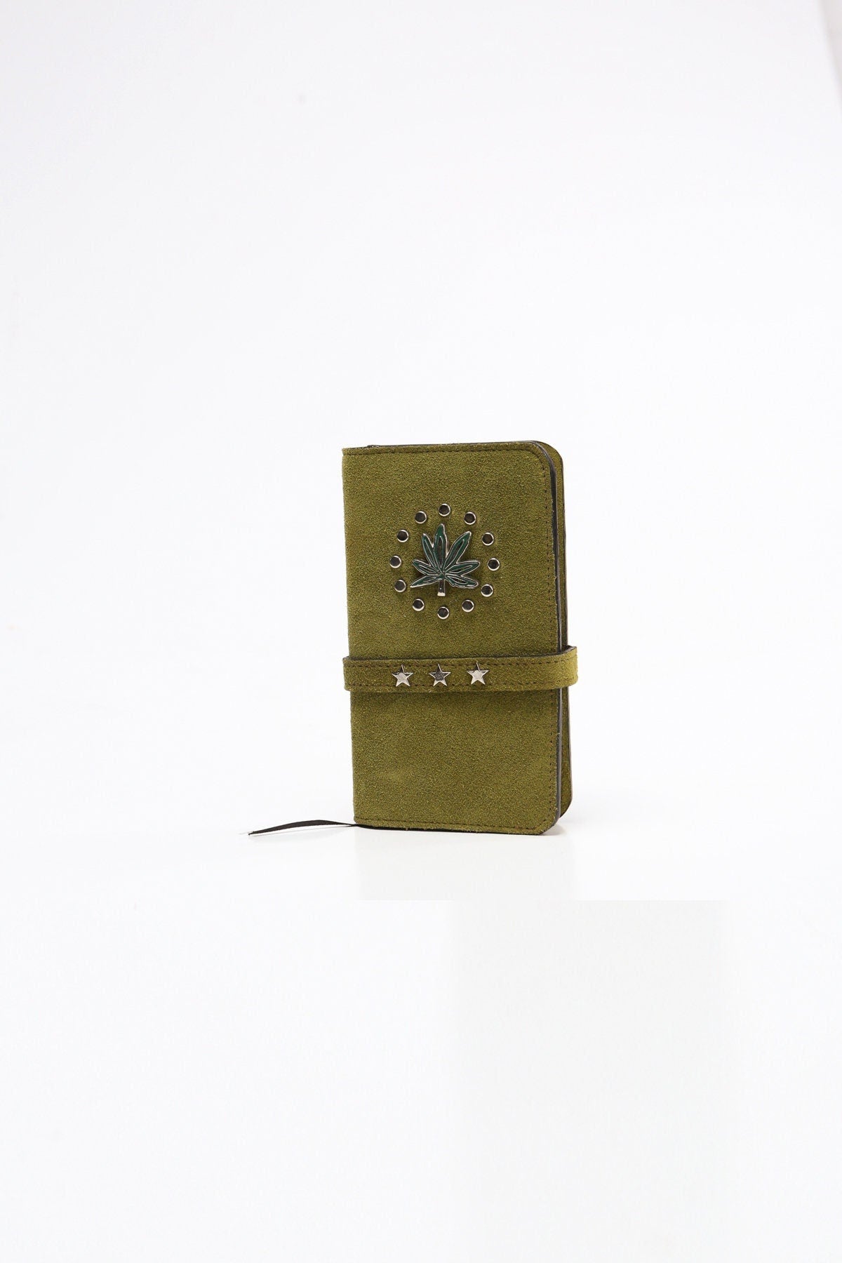 Green suede studded weed leaf leather notebook divider snap closure belt small
