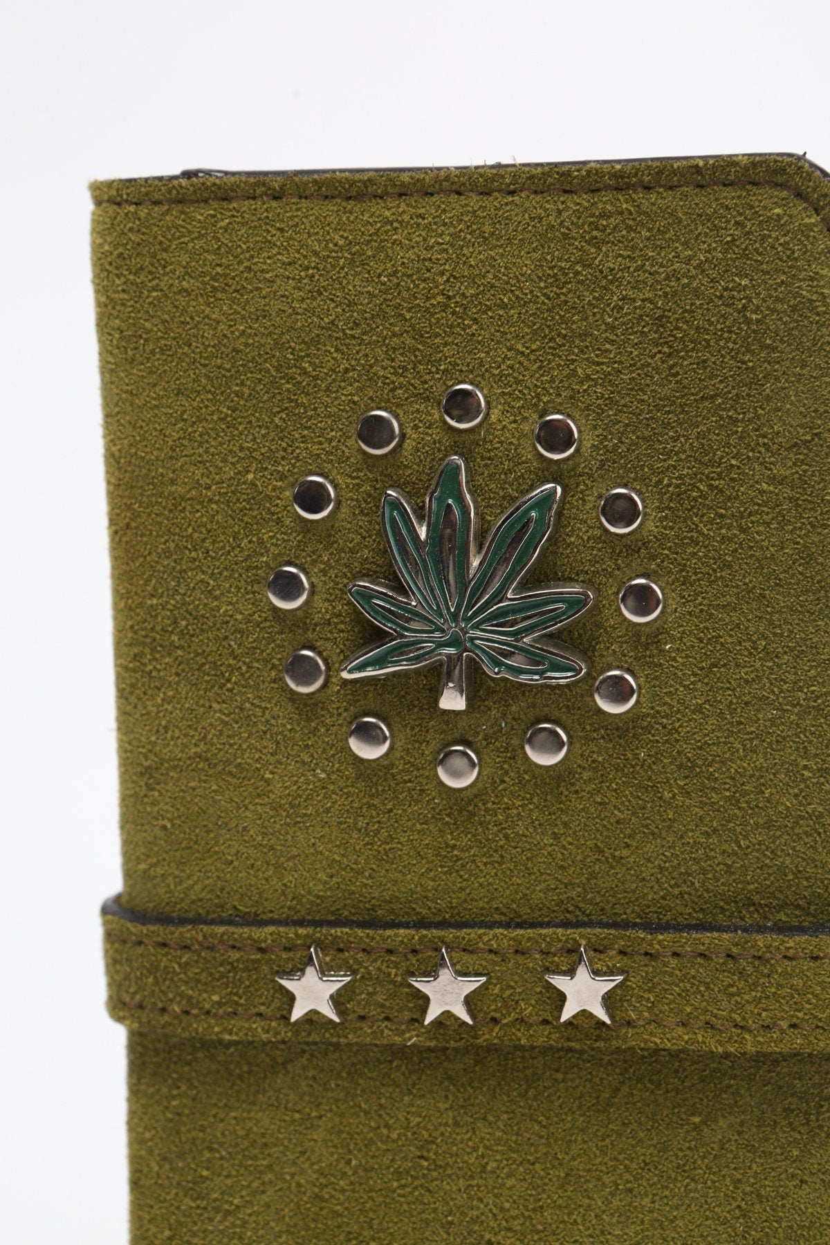 Green suede studded weed leaf leather notebook divider snap closure belt small