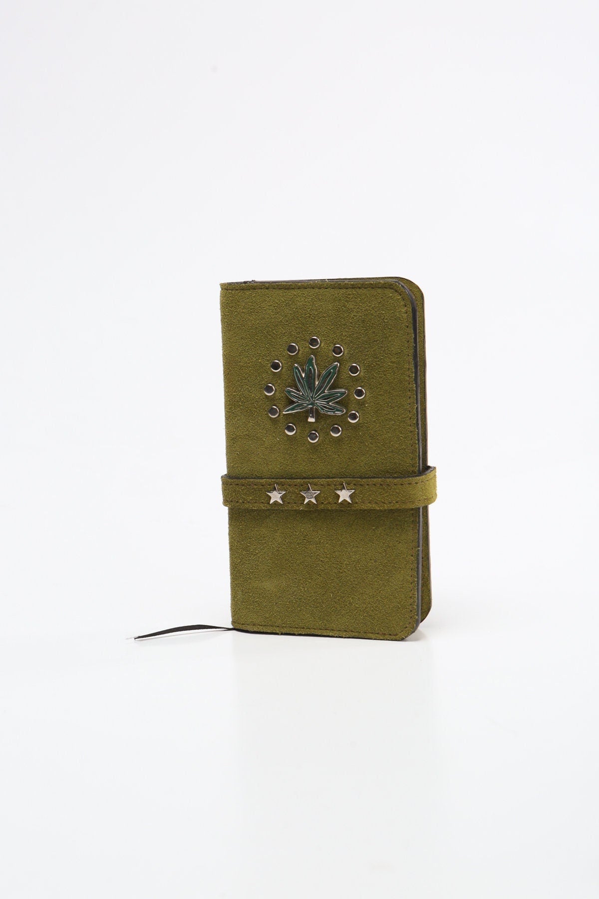 Green suede studded weed leaf leather notebook divider snap closure belt small