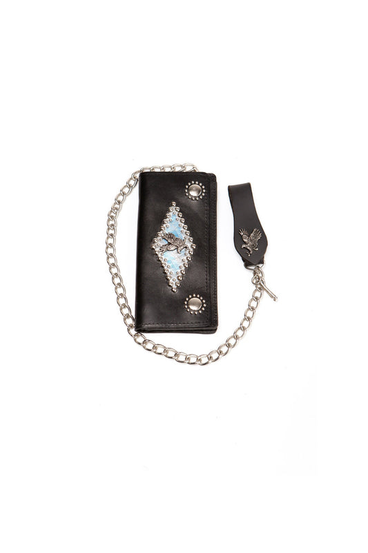 Vintage wallet black leather biker studded chain eagle rocker