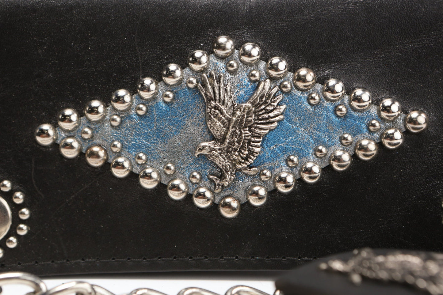 Vintage wallet black leather biker studded chain eagle rocker