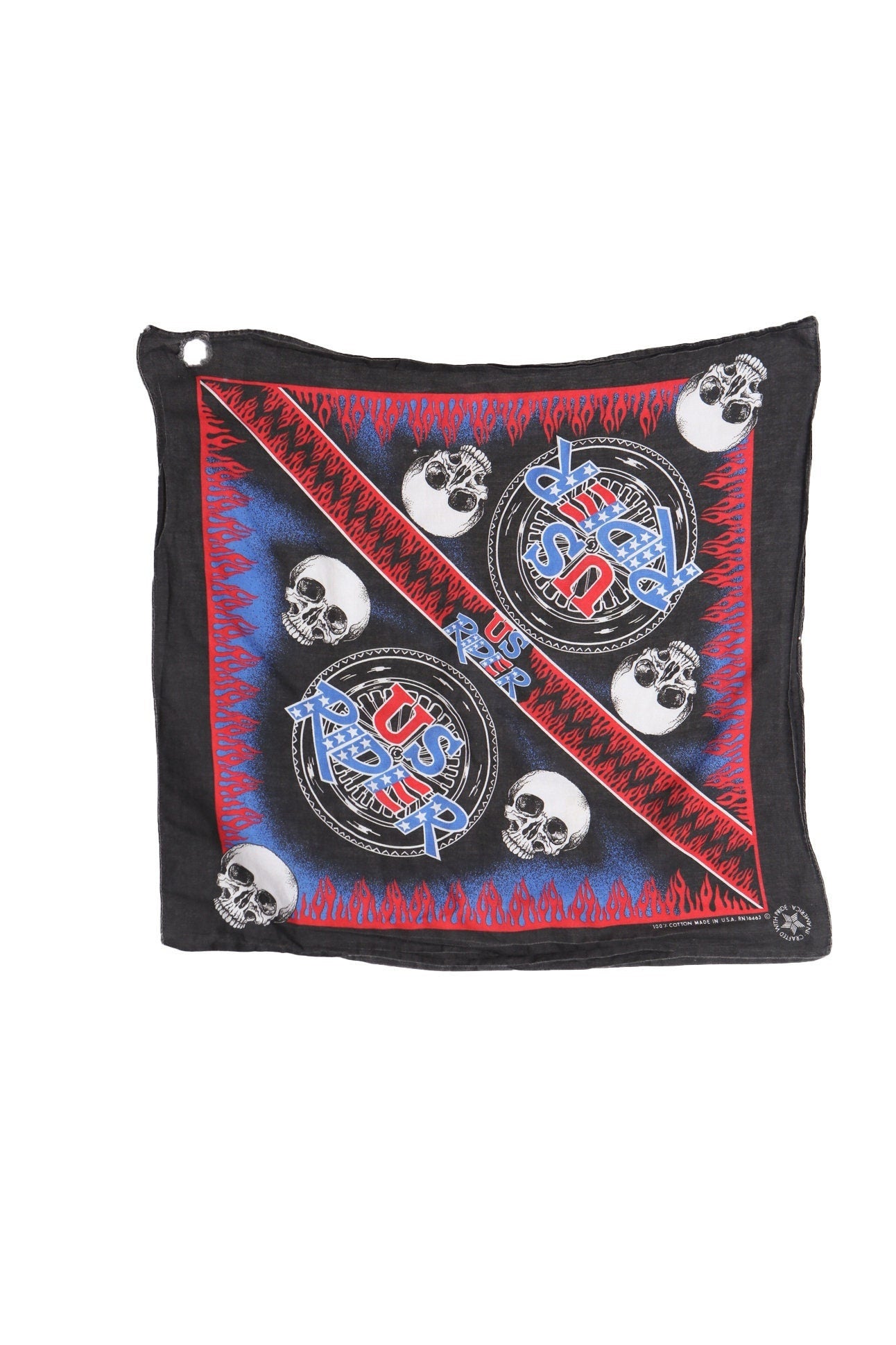 Vintage biker us rider skull print red flames black 90's bandana