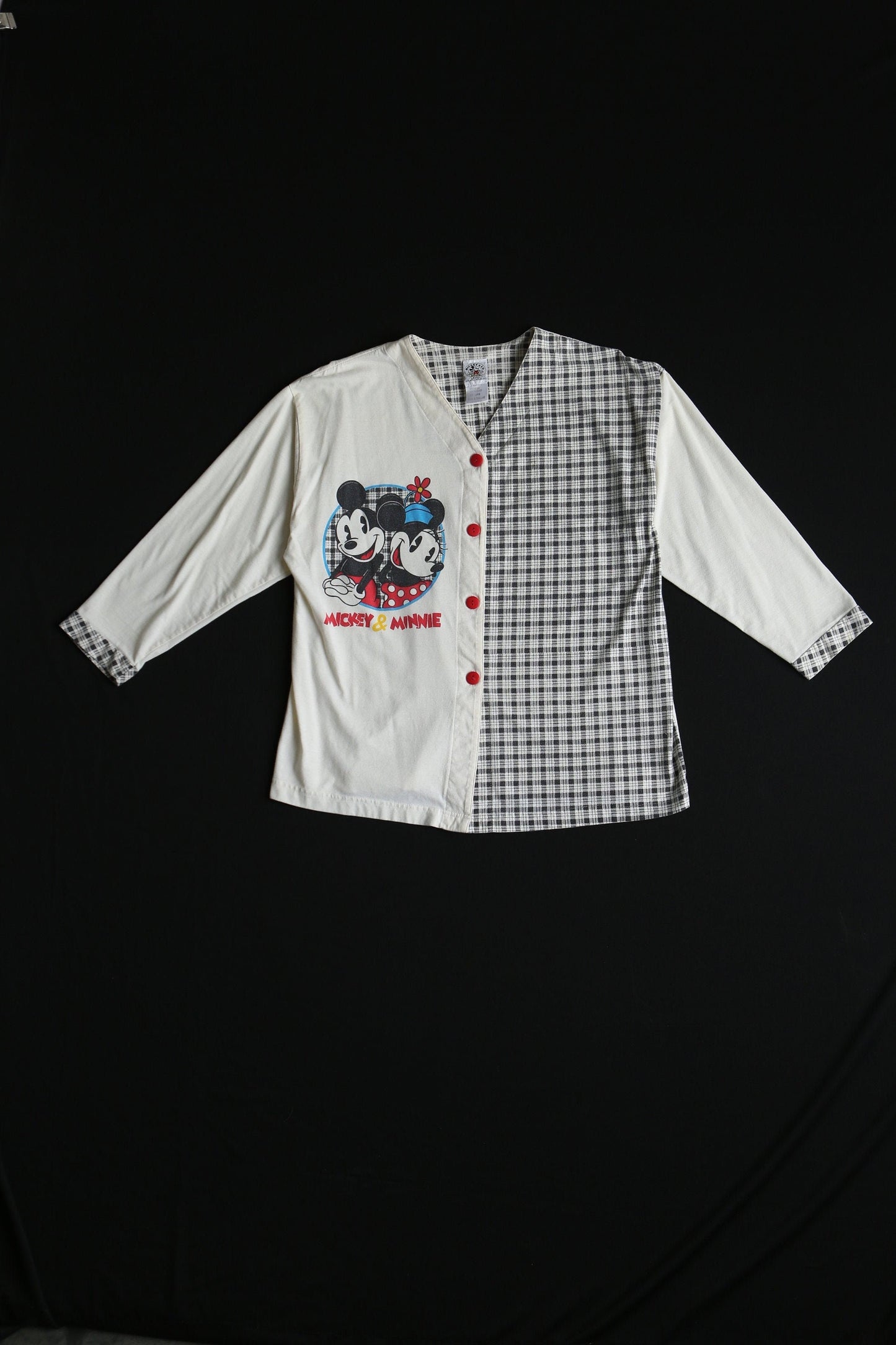 Vintage minnie mickey mouse disney top blouse button plaid shirt white gray