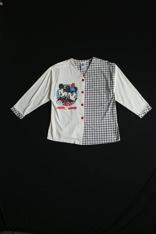Vintage minnie mickey mouse disney top blouse button plaid shirt white gray