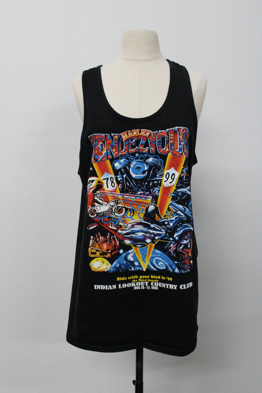 Harley rendezvous 78 99 1996 biker graphic vintage tank top indian motorcycle rally universe black