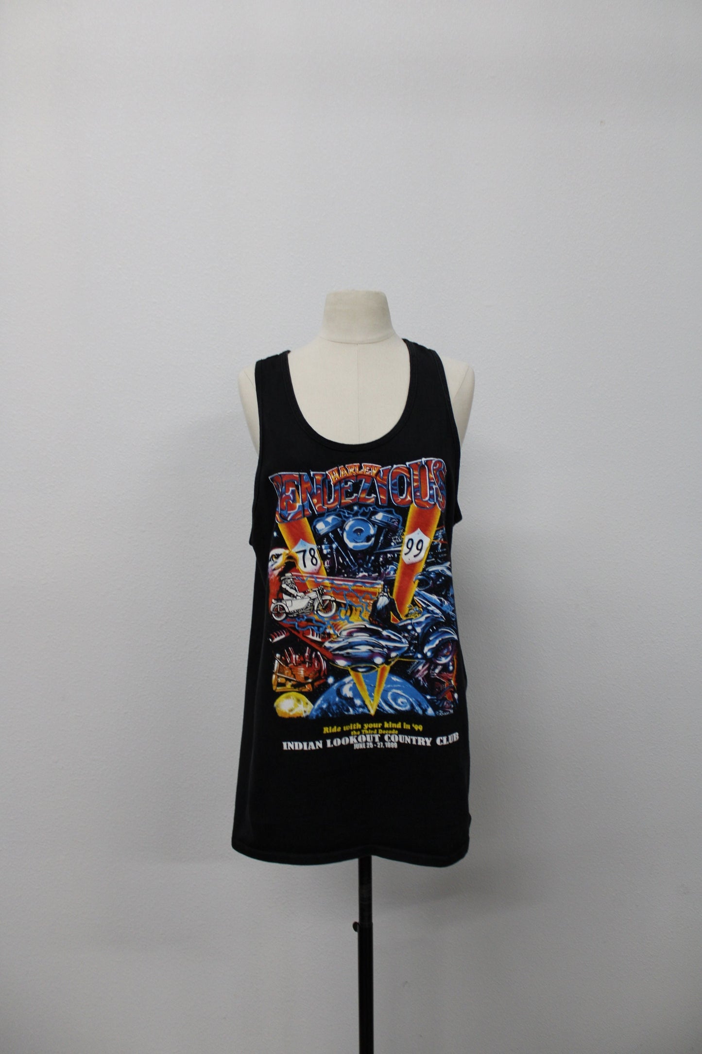 Harley rendezvous 78 99 1996 biker graphic vintage tank top indian motorcycle rally universe black