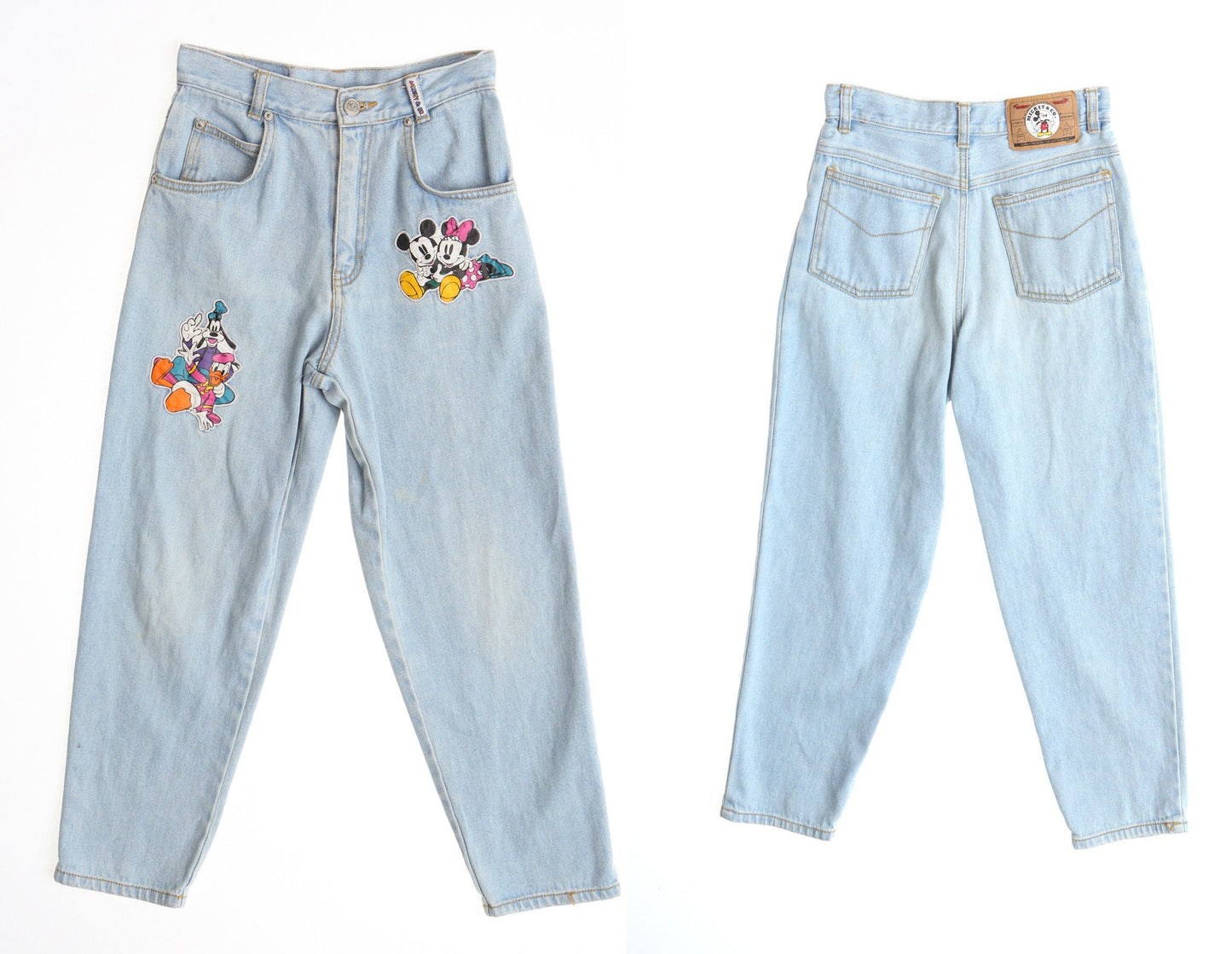 Vintage denim jeans pants high waist mickey mouse mickey and co 90's blue light wash y2k print front