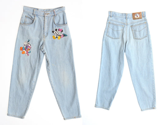 Vintage denim jeans pants high waist mickey mouse mickey and co 90's blue light wash y2k print front