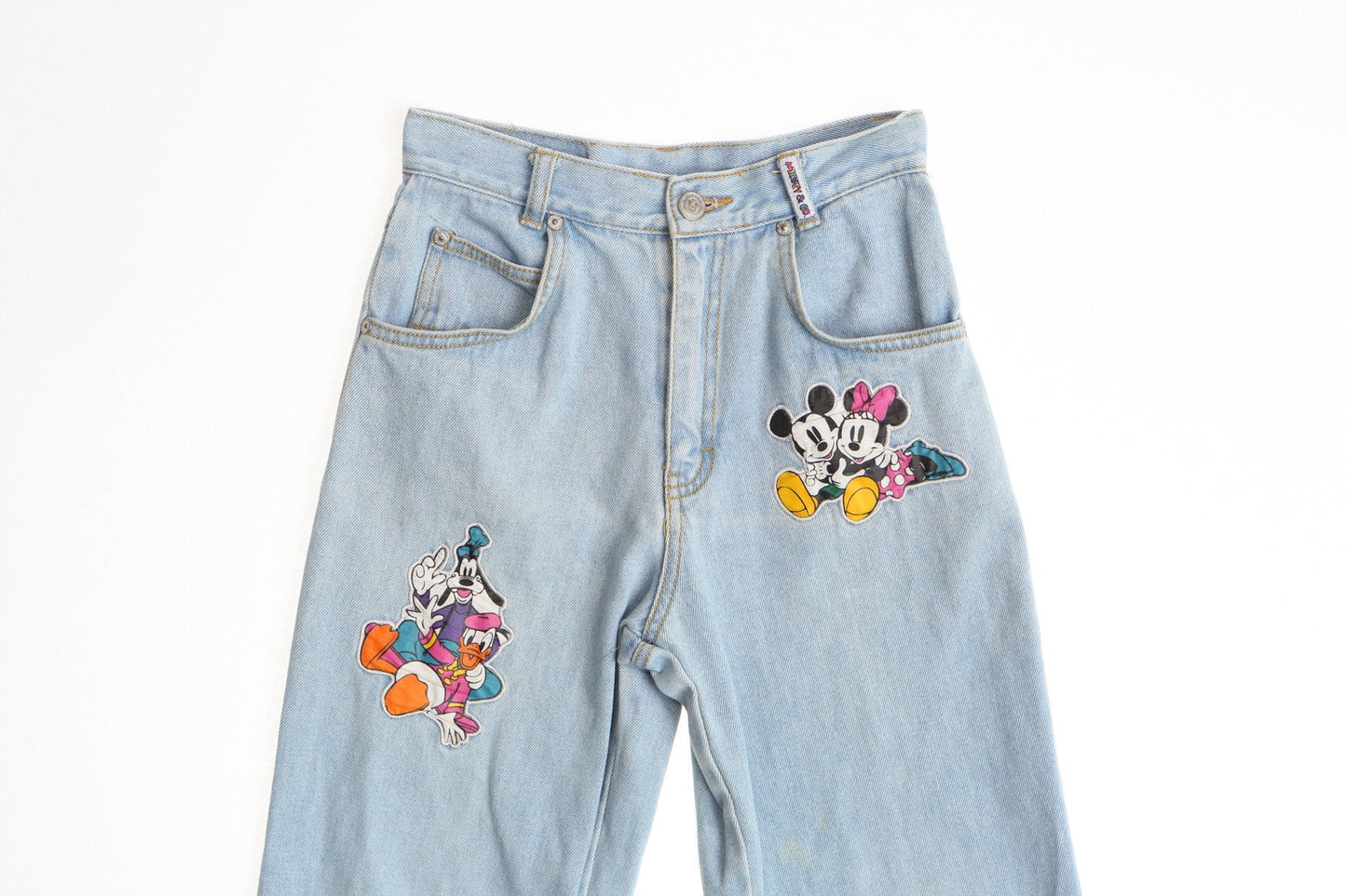 Vintage denim jeans pants high waist mickey mouse mickey and co 90's blue light wash y2k print front