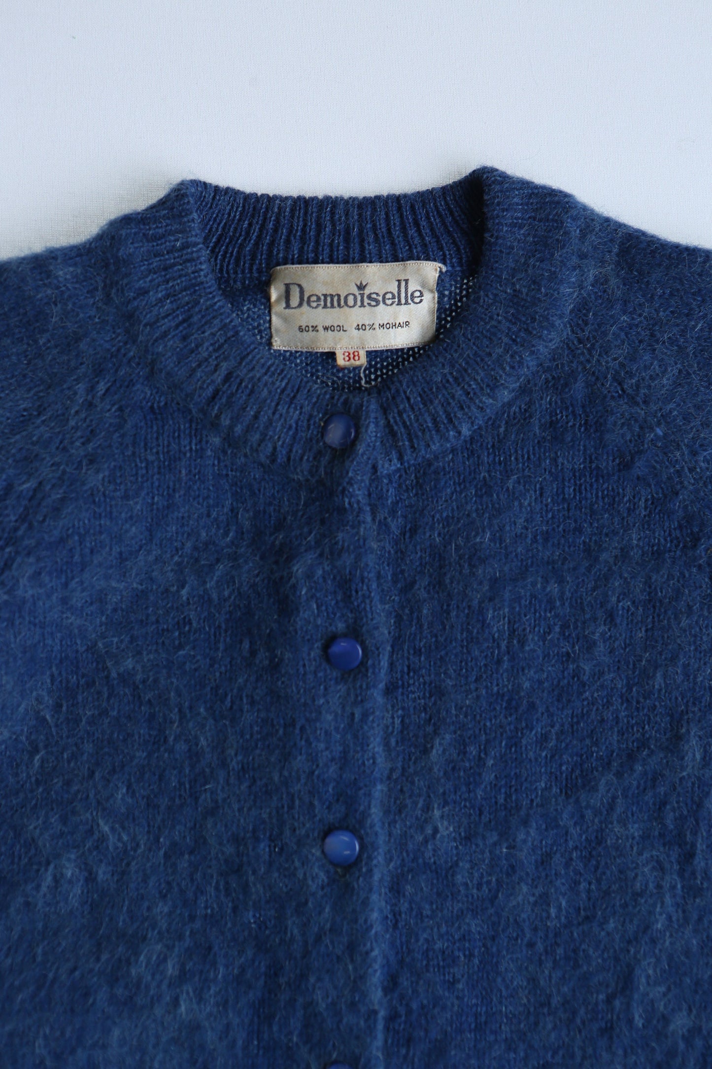 Vintage women sweater button up cardigan blue mohair 60's 50's 38 demoiselle made in usa