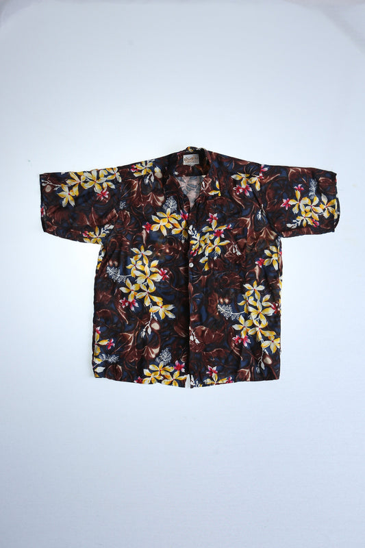 Vintage brown hawaiian shirt men waikiki floral yellow flowers 50's 60's 40's