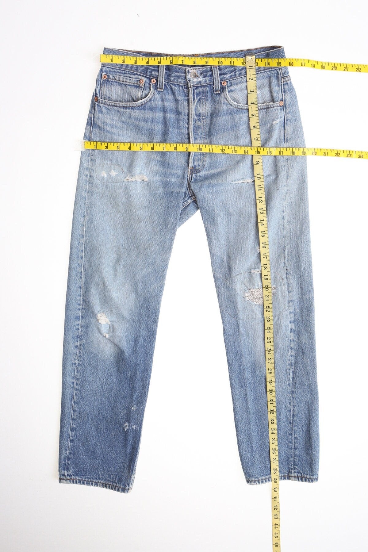 Vintage 501 levi's jeans blue distressed high waist denim pants men 90's