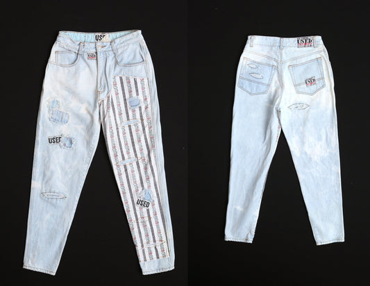 Vintage women high waist jeans pants 90's blue denim floral patchwork