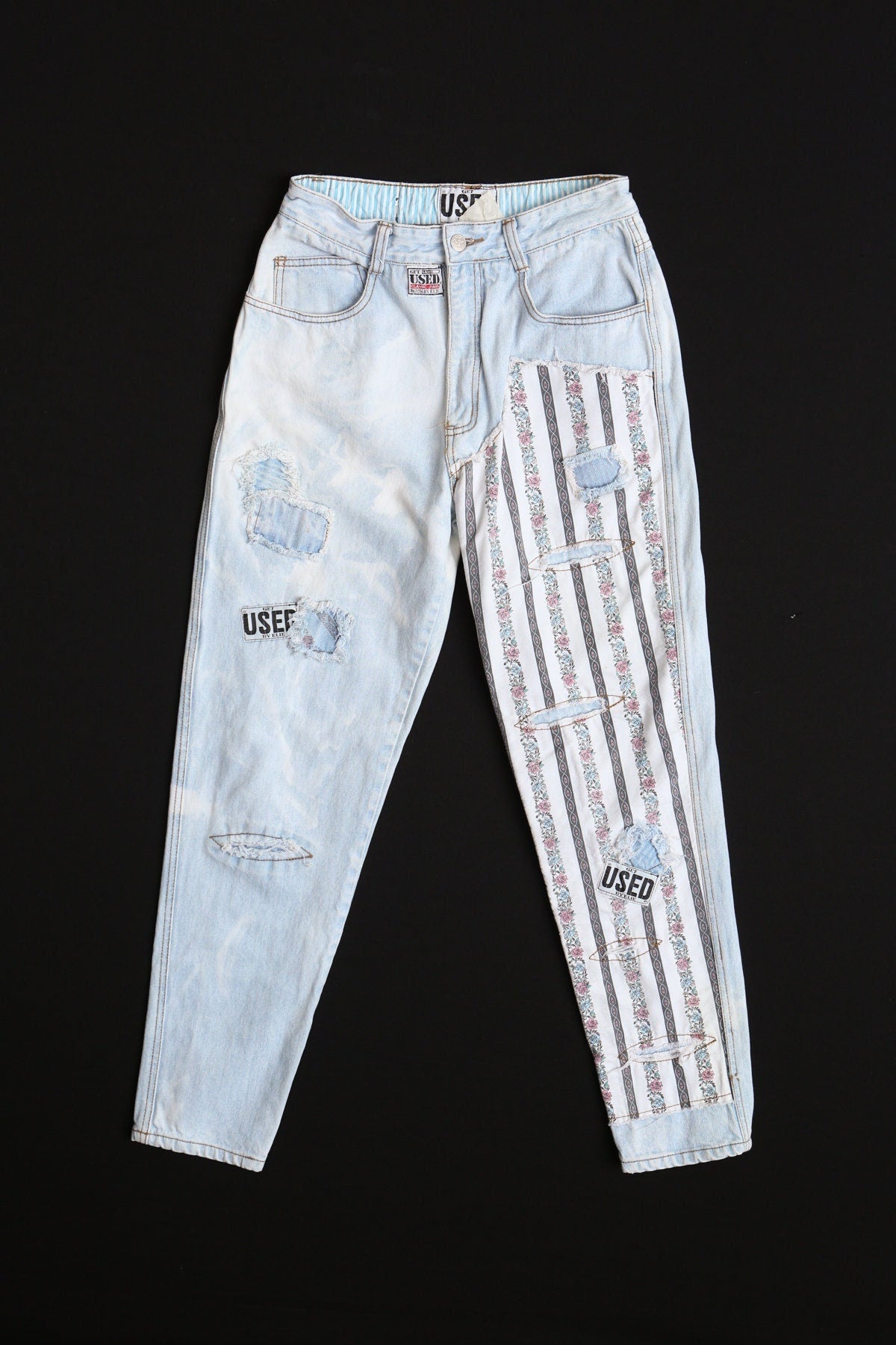 Vintage women high waist jeans pants 90's blue denim floral patchwork