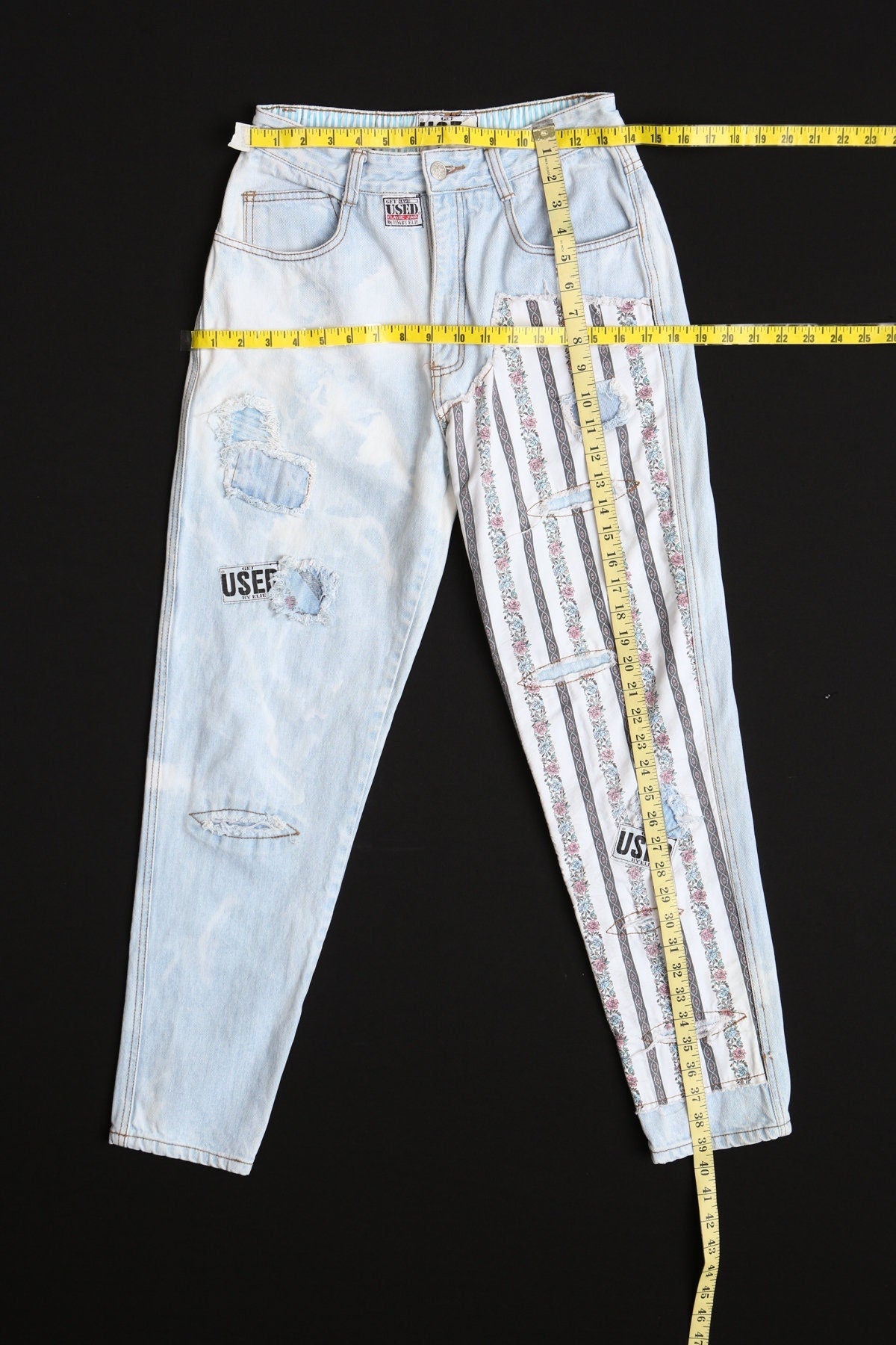 Vintage women high waist jeans pants 90's blue denim floral patchwork