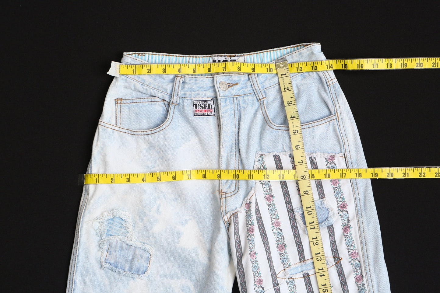 Vintage women high waist jeans pants 90's blue denim floral patchwork