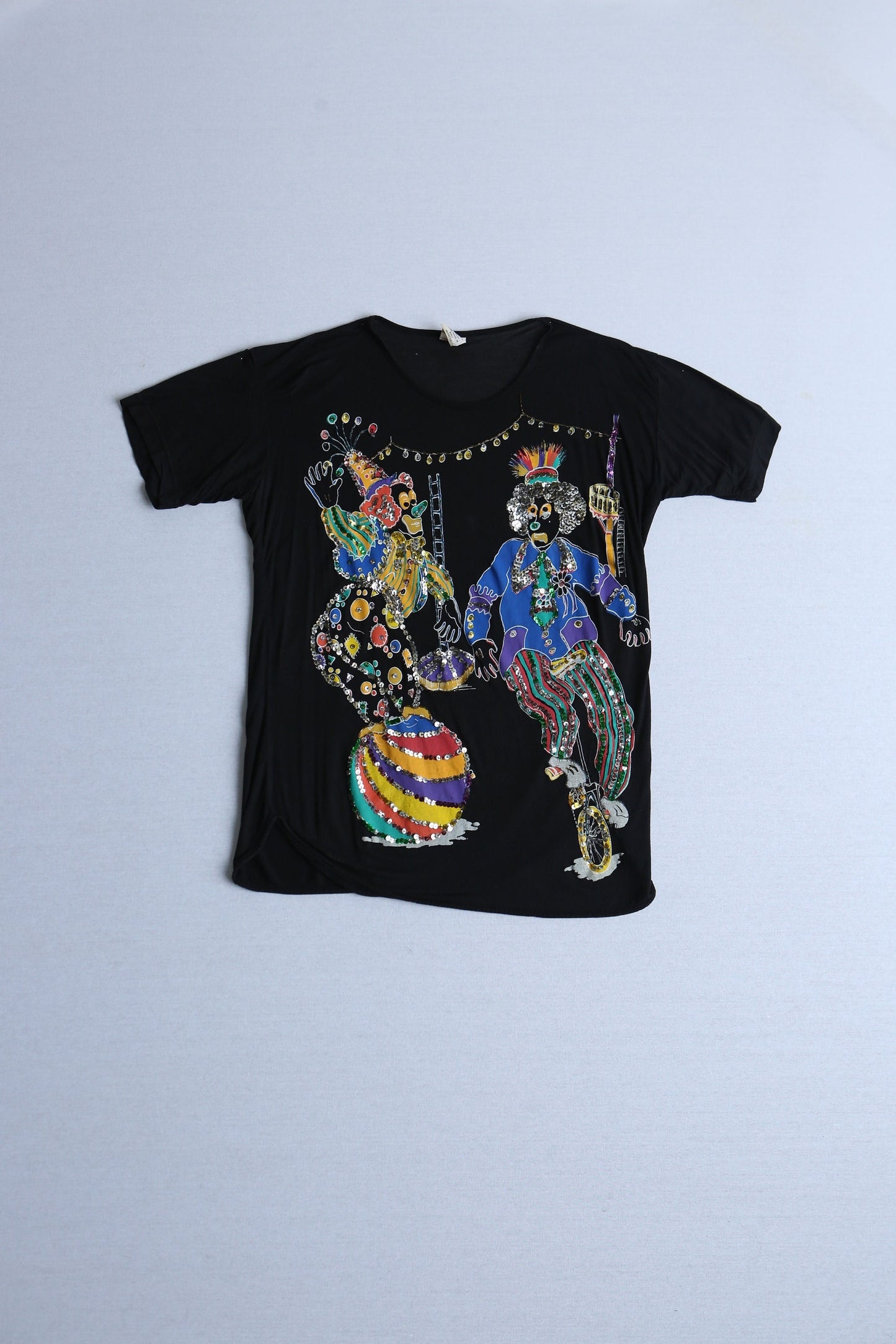 Circus sequin t-shirt vintage black clowns hand made painted