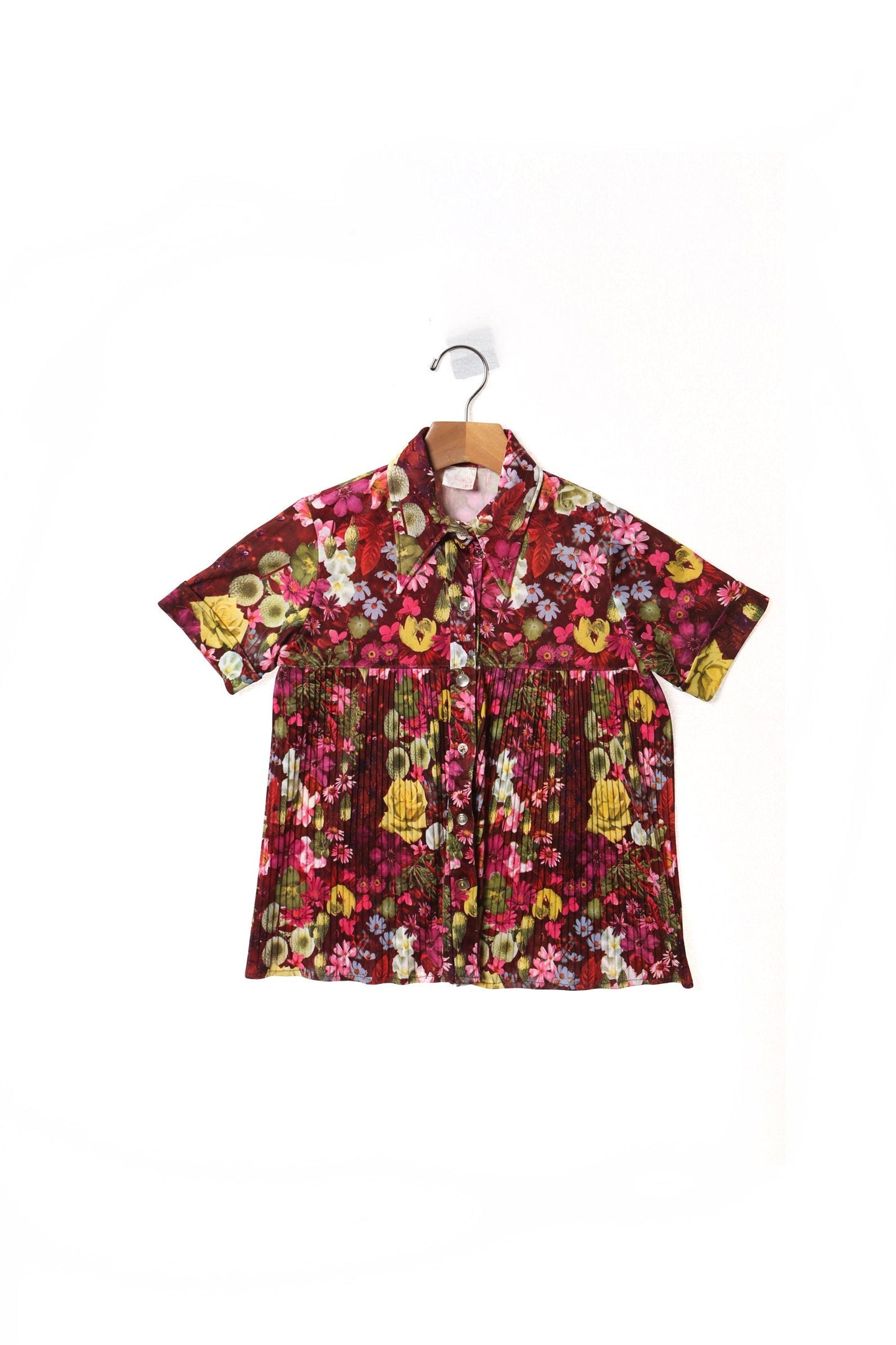 Vintage 70's polyester poly top blouse floral print red hippie